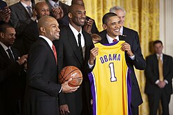 Derek Fisher and Bryant with President Barack Obama during the White House visit honoring the Lakers' 2009 championship