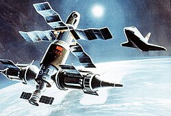 US artist's concept of a Soviet space shuttle approaching a manned space complex.