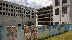 Shuttered construction site of multistorey car park nearly two years after partial structural failure