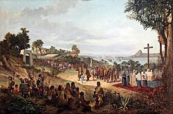Founding of Rio de Janeiro on 1 March 1565. The painting depicts the Governor General of Brazil, Mem de Sá, presenting the key to the city to the alcaide.