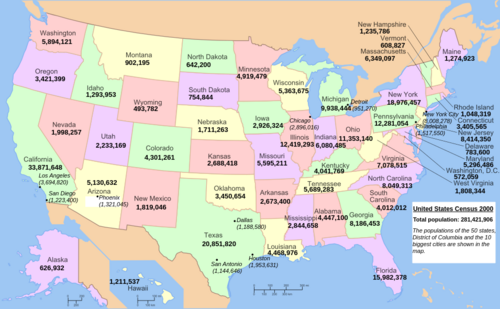 Map of United States population in 2000 US Census, showing the population of the 50 states, the District of Columbia and the 10 biggest cities.