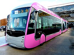 The pink bus rapid transit of Metz uses a diesel-electric hybrid driving system, developed by Belgian Van Hool manufacturer.[65]