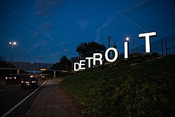 I-94 runs east–west through Detroit. Pictured is the Detroit Sign, located along eastbound I-94 on the city's southwest side.