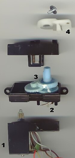 Small R/C servo mechanism: 1. Electric motor 2. Position feedback potentiometer 3. Reduction gear 4. Actuator arm