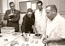Abba Eban (left) escorting the King of Nepal in a 1958 visit to the Weizmann Institute in Rehovot. Shortly after the visit, Eban became President of the Institute.