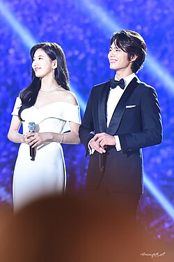 Longtime hosts Bae Suzy (L) and Park Bo-gum at the 54th Baeksang Arts Awards in 2018; Bae and Park have been called "Icon of Baeksang" and "Face of Baeksang" respectively.[10]